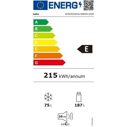Beko B1RCSO264S alulfagyasztós hűtőszekrény, E energiaosztály, 187l (hűtőtér) + 75l (fagyaszótér)