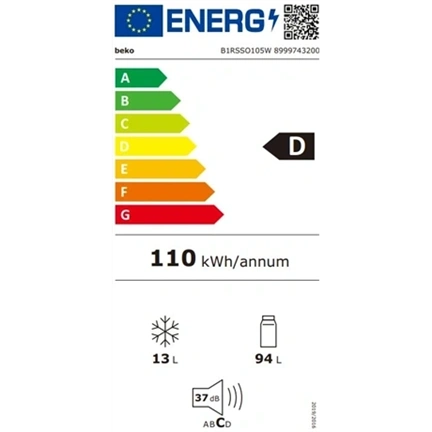Beko B1RSSO105W egyajtós hűtőszekrény, D energiaosztály, 107 liter bruttó térfogat, fehér, 37 dBA