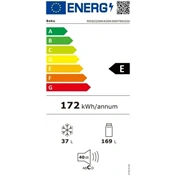Beko RDSO206K40SN felülfagyasztós hűtőszekrény, E energiaosztály, ezüst, 169 (hűtőtér) + 37 (fagyasztótér) liter