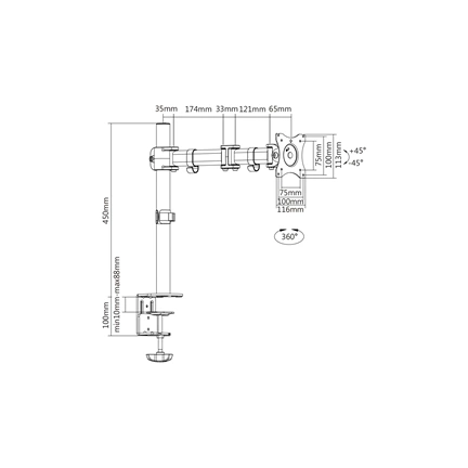 DIGITUS DA-90361 C-bilincses univerzális (VESA 75 / 100) fekete monitor tartó konzol