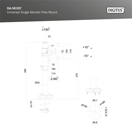 DIGITUS DA-90397 univerzális (VESA 75 / 100) pultba szerelhető fekete monitor tartó konzol