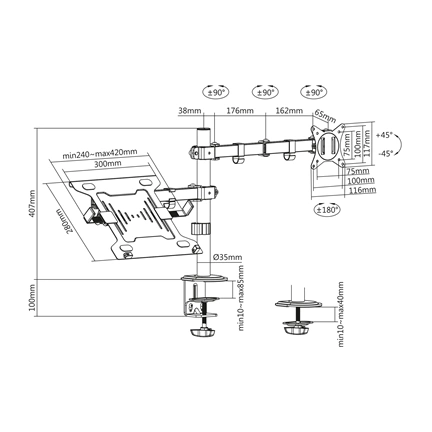 DIGITUS DA-90436 C-bilincses/gyűrűs univerzális (VESA 75 / 100) fekete monitor/notebook tartó konzol