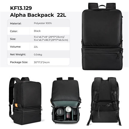 K&F Concept Collapsible Backpack 22L, fotós hátizsák, oldaltáskáva csukható, fekete